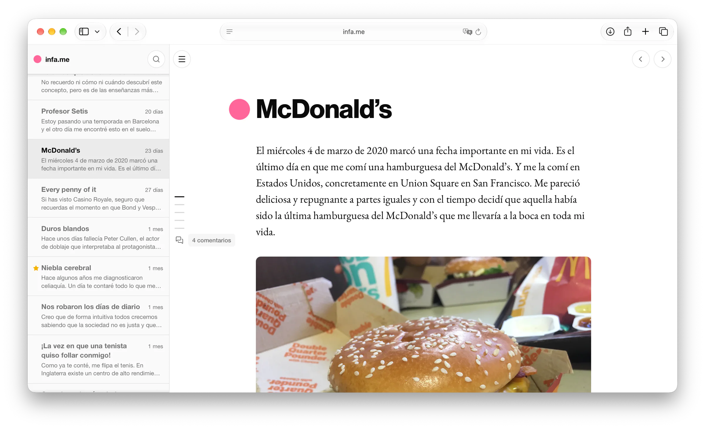Captura de pantalla de como pinta infa.me por dentro